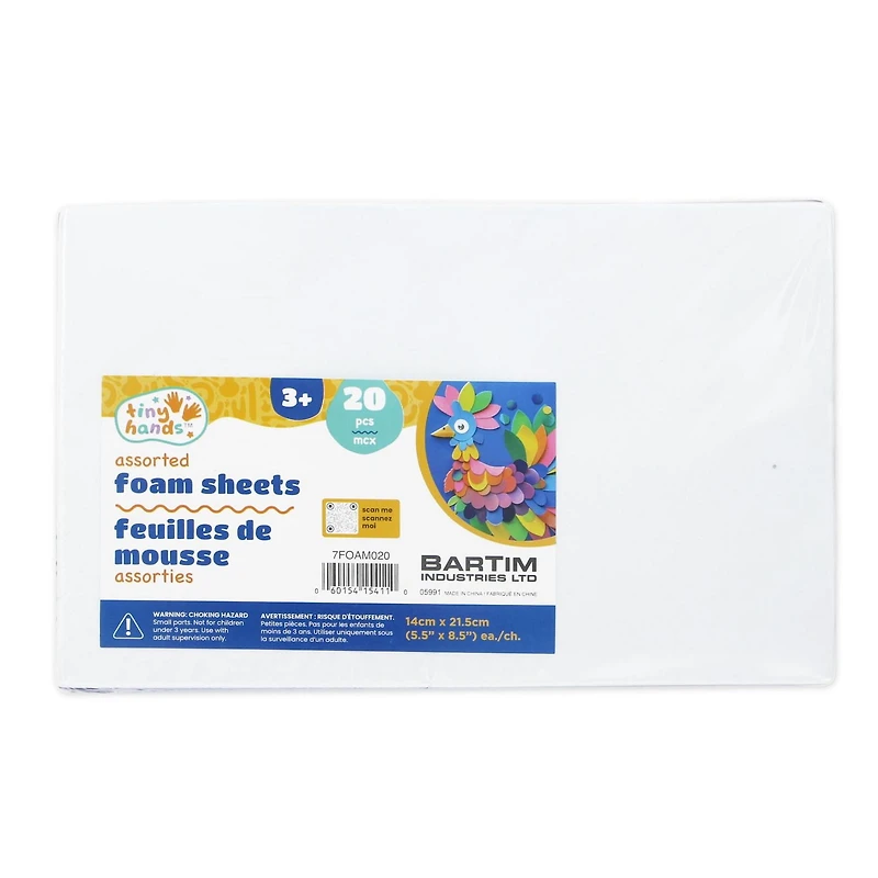 TINY HANDS Feuilles de mousse, couleurs assorties, 20 mcx, 14 cm x 21,5 cm, 3 ans et plus, enfants, artisanat Foam Sheet 20pcs