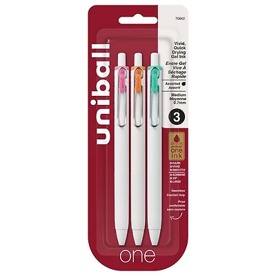 Stylos à gel rétractables uniball™ one, pointe moyenne (0,7 mm), encre sherbet, lot de 3 Stylos à gel rétractables