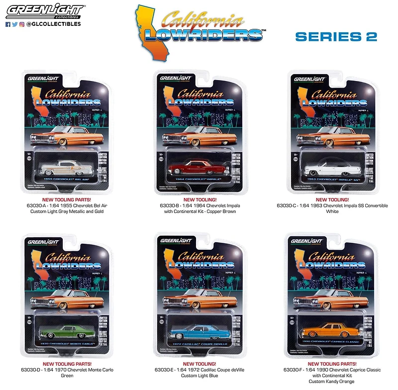 1:64 GreenLight California Lowriders Die-Cast Véhicules Série 2