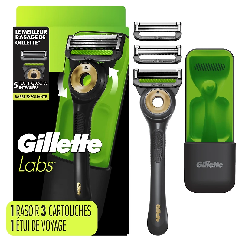 Rasoir GilletteLabs pour hommes avec barre exfoliante, édition noire et dorée, 1manche, 3cartouches de rechange, comprend un étui de voyage pour un rangement pratique lors de vos déplacements 1CT