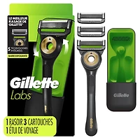 Rasoir GilletteLabs pour hommes avec barre exfoliante, édition noire et dorée, 1manche, 3cartouches de rechange, comprend un étui de voyage pour un rangement pratique lors de vos déplacements 1CT
