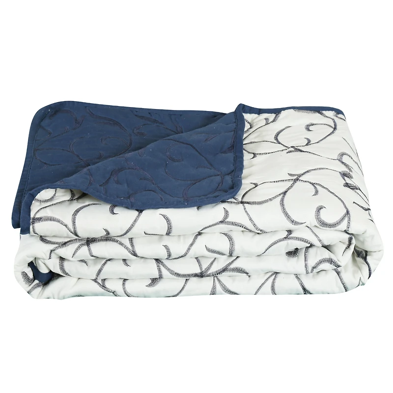 Marina Decoration Embroidered Stitching Coverlet Bedspread Ultra Soft Solid Bedding Summer Quilt Set with Quilted Sham, Navy Blue Branch Pattern