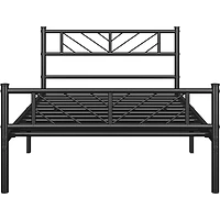 Fullfurnique Minimalist Metal Platform Bed with Arrow Design Headboard for Adults, Queen, Black