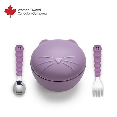 melii Silicone Animal Bowl with Lid and Utensils for Toddlers and Kids - Cat