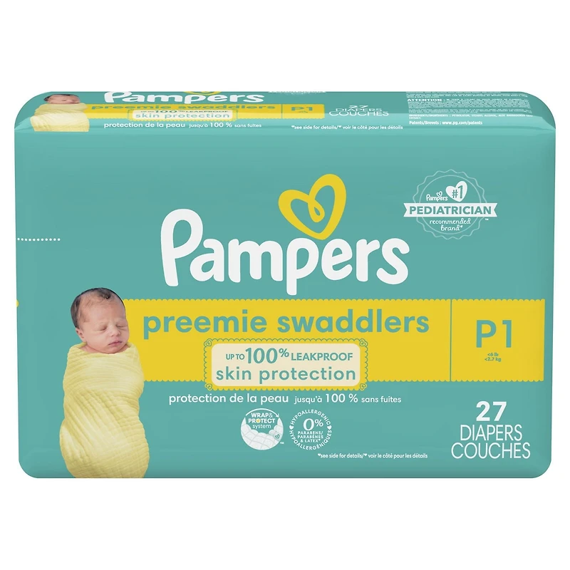 Couches Pampers Swaddlers, absorbantes, gardent bébé au sec et confortable, couche jetable pour bébé sans danger pour la peau, taille P (jusqu’à [6 lb]) 27 Unité