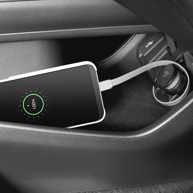 Aluratek Chargeur de voiture 4,8 A avec câble ruban Lightning Rolling intégré et port de charge USB.