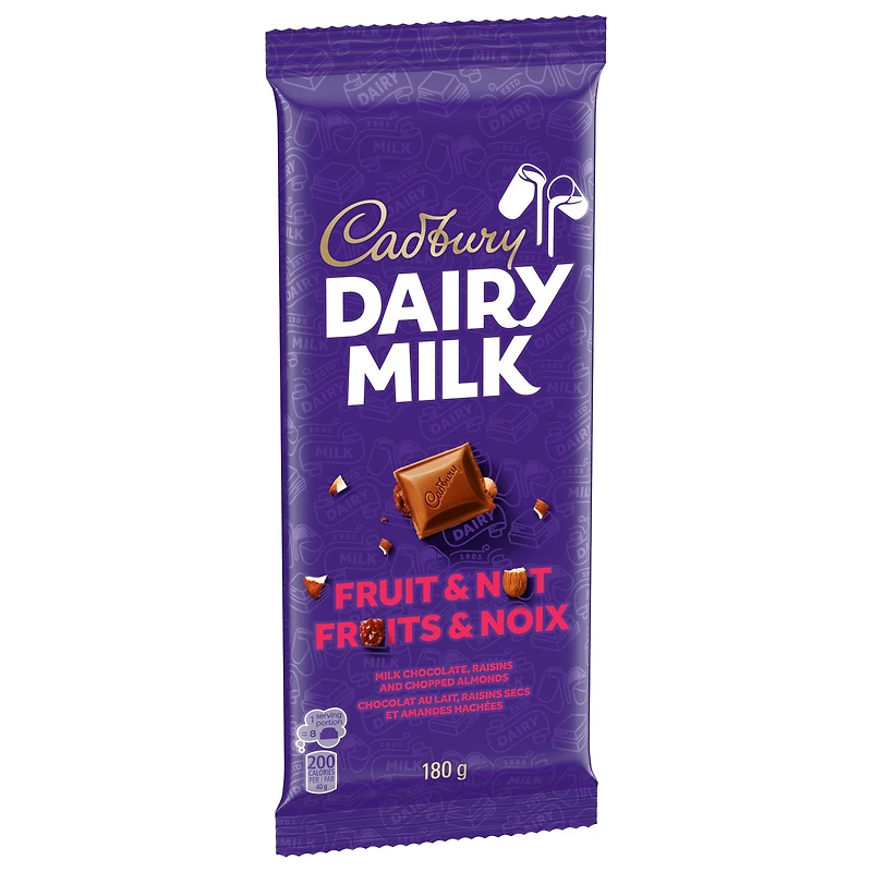 CADBURY DAIRY MILK, tablette de chocolat aux fruits et aux noix, chocolat au lait CADBURY DAIRY MILK avec raisins secs et amandes hachées, 180 g CADBURY DAIRY MILK FRUIT & NOIX 180G 12
