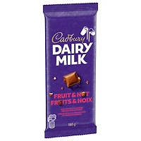 CADBURY DAIRY MILK, tablette de chocolat aux fruits et aux noix, chocolat au lait CADBURY DAIRY MILK avec raisins secs et amandes hachées, 180 g CADBURY DAIRY MILK FRUIT & NOIX 180G 12