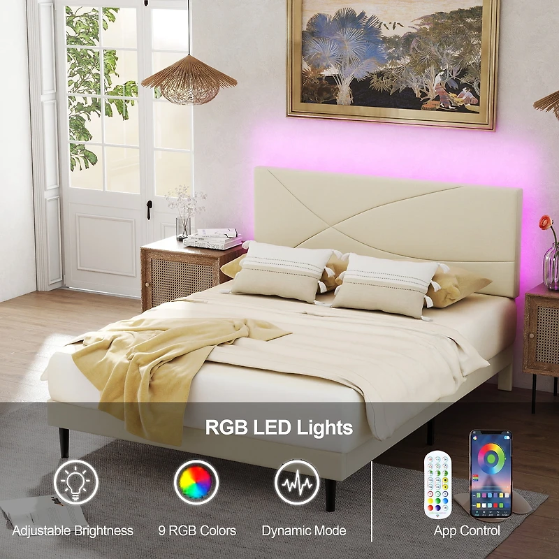 Lit plateforme Queen rembourré Homy Casa avec tablette combinée