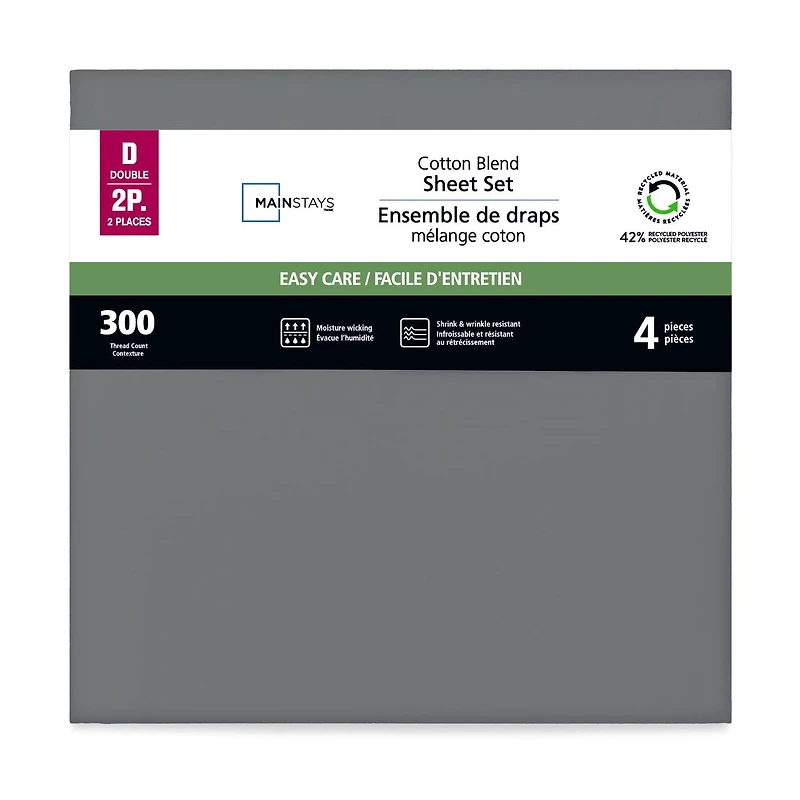 Mainstays 4-Piece 300 Thread Count Grey- CVC Cotton Blend Bed Sheet Set, Double (Adult), Double Sheet Set
