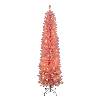 6.5 PI prééclairé rose floqué pin mince arbre, 200 lumières led blanc chaud, 600 conseils
