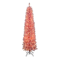 6.5 PI prééclairé rose floqué pin mince arbre, 200 lumières led blanc chaud, 600 conseils