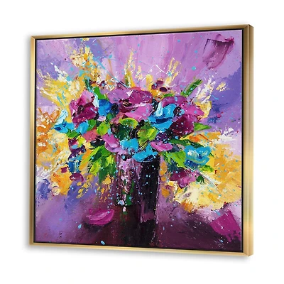 Designart Bouquet lumineux de fleurs de printemps sur fond violet ART MURAL À CADRE FLOTT