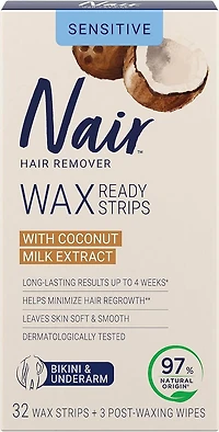 Nair Wax Ready Strips for Bikini & Underarm with Coconut Milk Oil, for Sensitive Skin, 32 Strips + 3 Finishing Wipes, Packaging May Vary, 32 Wax strips + 3 Wipes