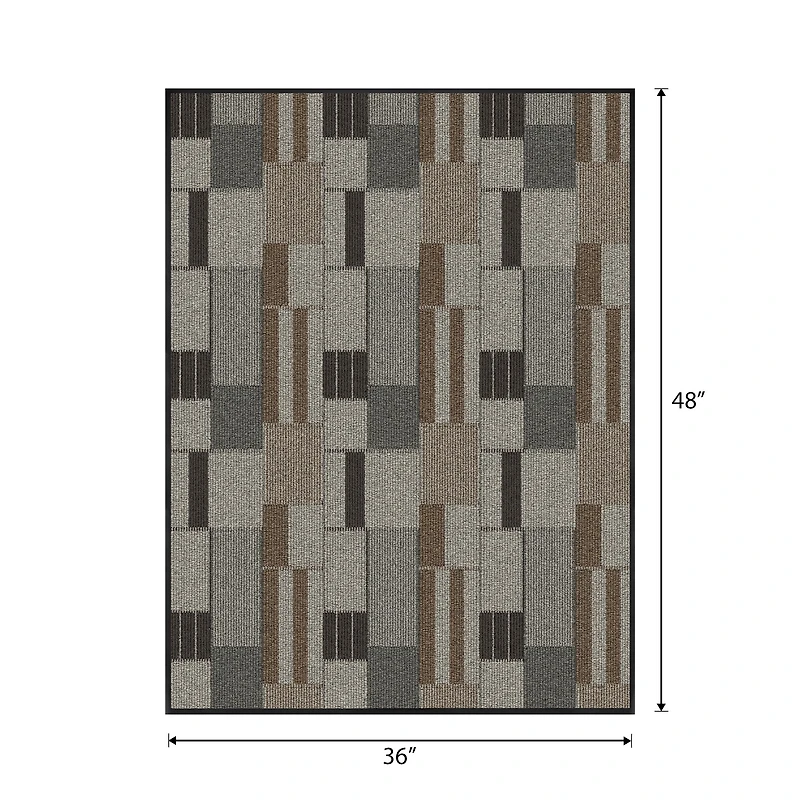 Mainstays Indoor/Outdoor Modern Geometric Block Utility Area Rug, Taupe Grey and Brown, 3' x 4', Vinyl Backing, Easy to Clean