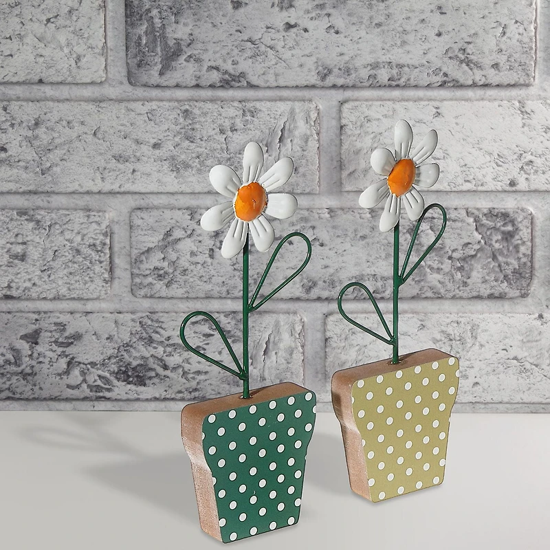 IH Casa Decor Galvanized Daisy On Wood Stand Asstd - Ensemble De 2