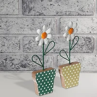 IH Casa Decor Galvanized Daisy On Wood Stand Asstd - Ensemble De 2