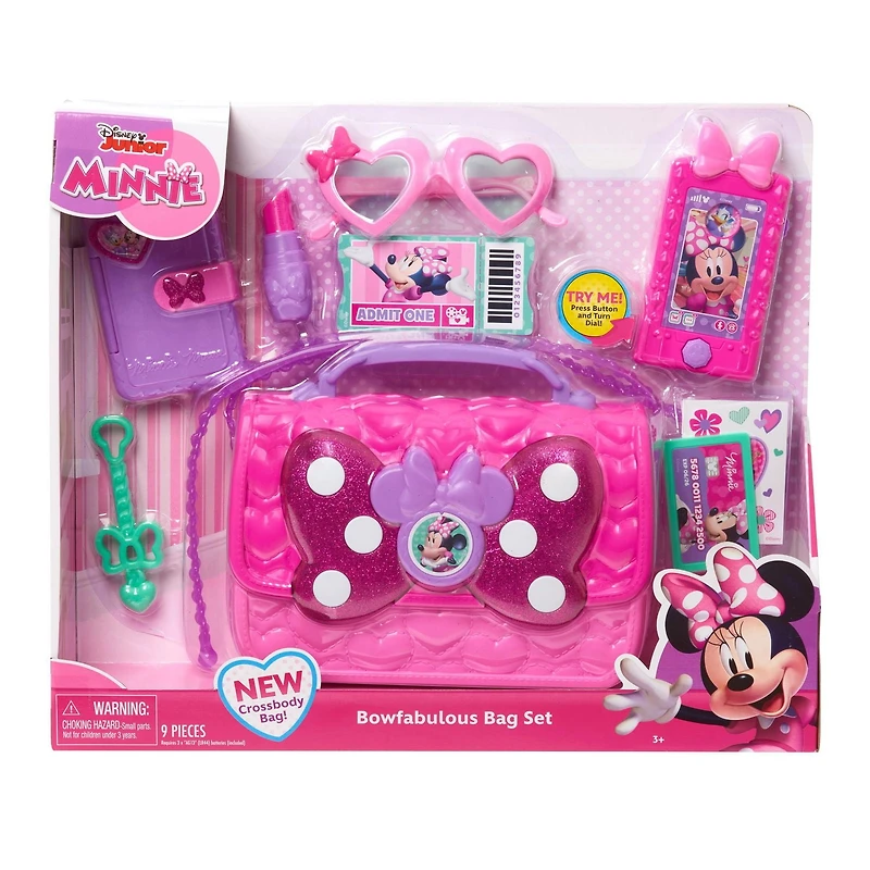 Ensemble de Sac Bowfabuleux de Minnie Mouse de Disney Junior, Sac à 9 Eléments pour Jouer en Faisant Semblant avec Téléphone Portable Sons et Lumières, Lunettes de Soleil et Accessoires