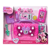 Ensemble de Sac Bowfabuleux de Minnie Mouse de Disney Junior, Sac à 9 Eléments pour Jouer en Faisant Semblant avec Téléphone Portable Sons et Lumières, Lunettes de Soleil et Accessoires