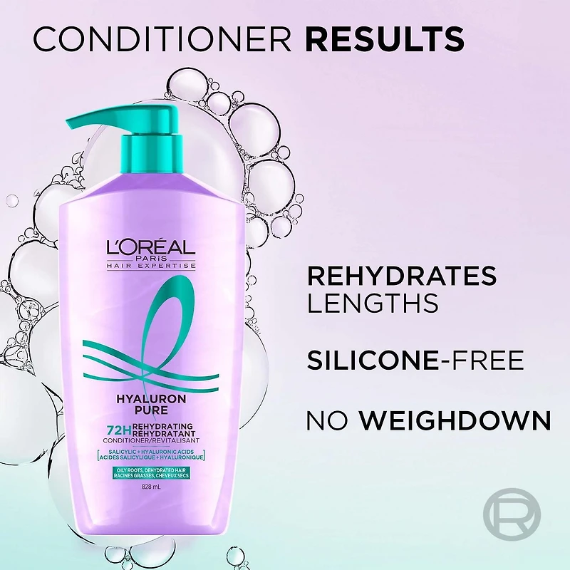 L'Oréal Paris Hyaluron Pure Rehydrating Conditioner 828 ml, Oily Roots & Dehydrated Hair