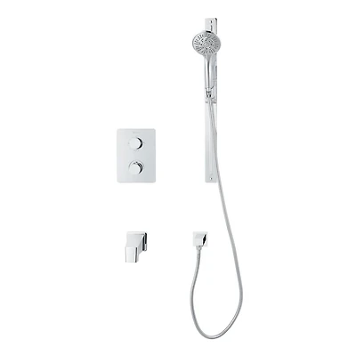 Valve thermostatique carrée 3 fonctions, Douchette à main 10 réglages, bec de bain ou simultanément fini chrome