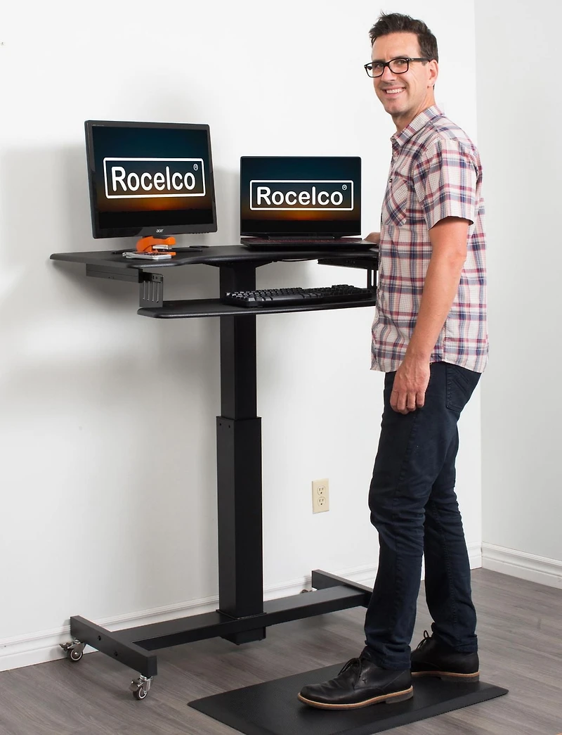 Rocelco 40" Height Adjustable Mobile Standing Desk - Sit Stand Home Office School Computer Workstation Riser with Anti Fatigue Mat - Dual Monitor Keyboard Tray Gas Spring  (Black)