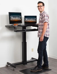 Rocelco 40" Height Adjustable Mobile Standing Desk - Sit Stand Home Office School Computer Workstation Riser with Anti Fatigue Mat - Dual Monitor Keyboard Tray Gas Spring  (Black)