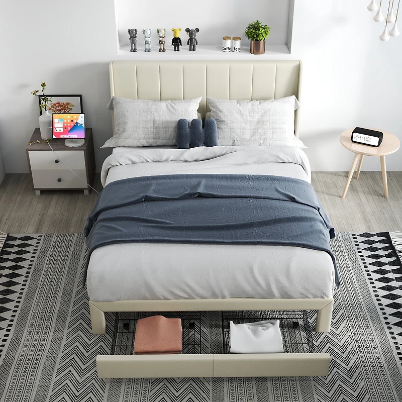 Lit plateforme rembourré Homy Casa avec ports USB et tiroirs de rangement, Queen, beige