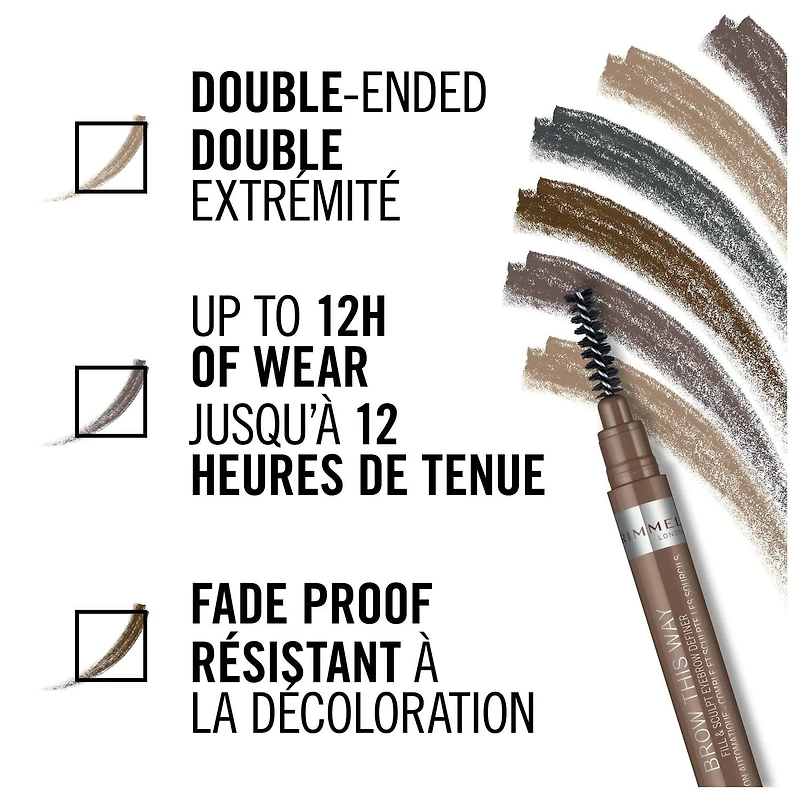 Rimmel Crayon à sourcils Brow This Way Fill & Sculpt, double extrémité, formule crémeuse, modulable, jusqu'à 12h d'usure, 100% Sans Cruauté Définissez & Sculptez vos sourcils