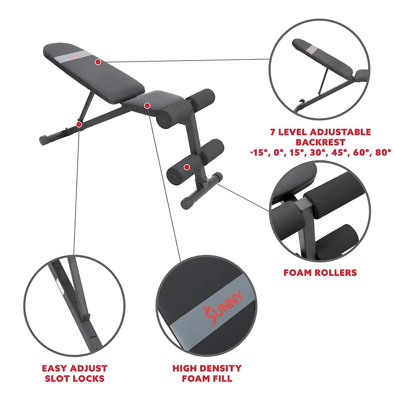 Sunny Health & Fitness Banc de Musculation Incliné / Décliné Réglable - SF-BH620038