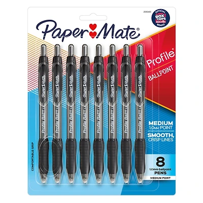 Stylos bille Paper Mate Profile, stylos rétractables, pointe moyenne (1,0 mm), noir, 8 unités