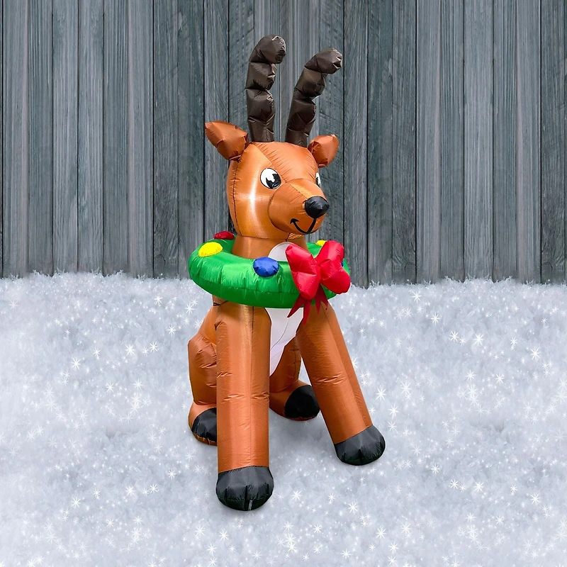 Inflatable led light up reindeer with wreath, brown/green 6 FT