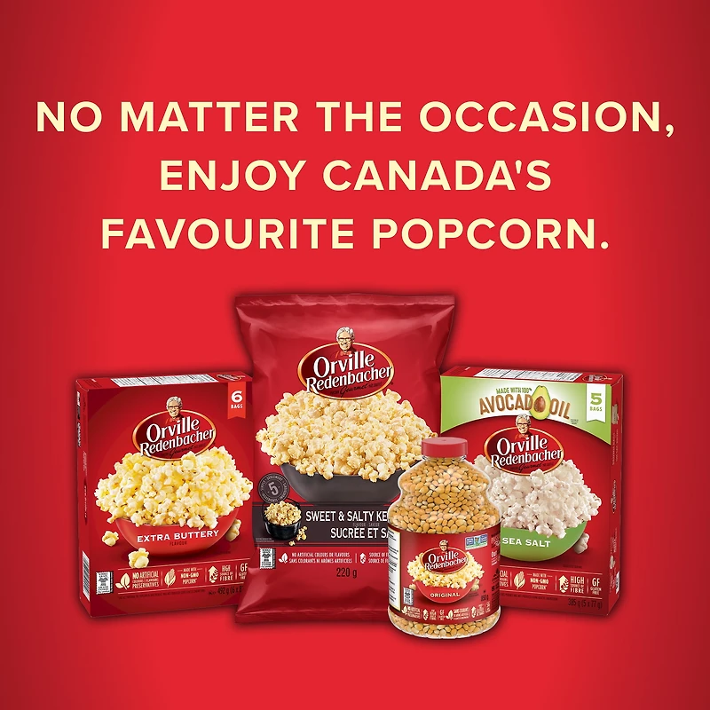 Orville Redenbacher Popcorn - Microwave Buttery (6 bags, 82g), Non-GMO, whole grain microwave popcorn with a high source of fibre and gluten free