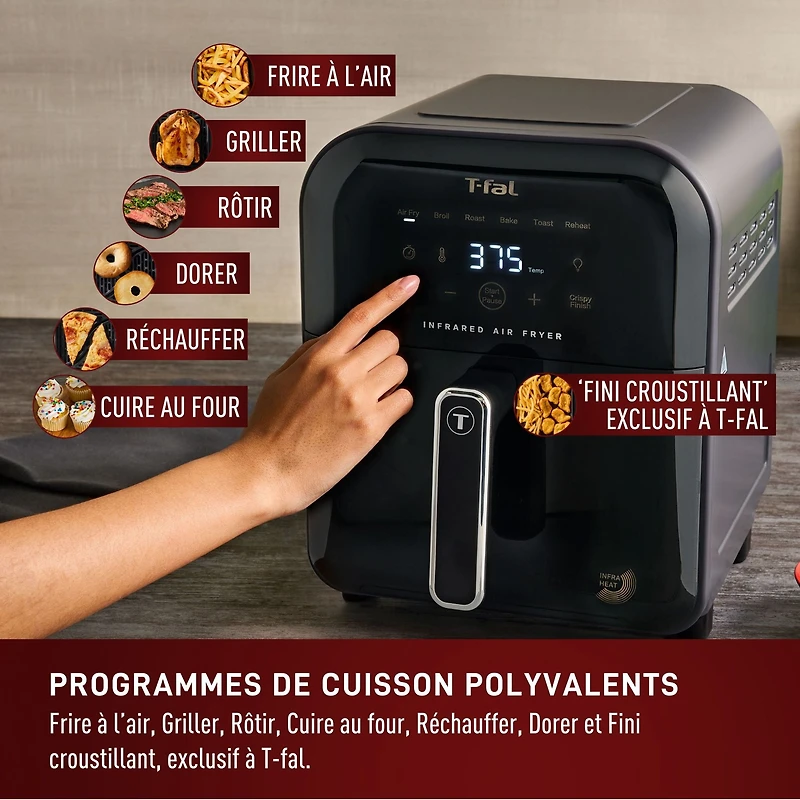 Friteuse à air T-fal à Infrarouge, Technologie Infra-Heat™, 7-en-1, 6L/ 6.3 Pintes, Sans Préchauffage, Plus Rapide, Plus Croustillants, Aliments Plus Juteux, Graphite