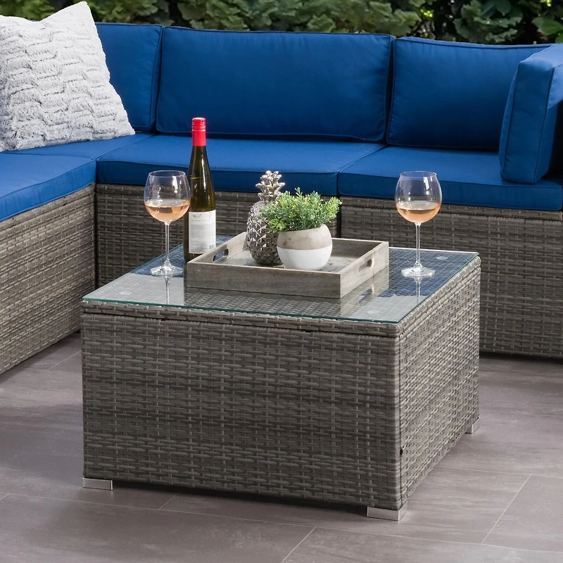 CorLiving Parksville Table basse de patio carrée en résine tressée, rotin et acier galvanisé avec plateau en verre trempé