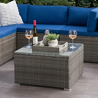 CorLiving Parksville Table basse de patio carrée en résine tressée, rotin et acier galvanisé avec plateau en verre trempé