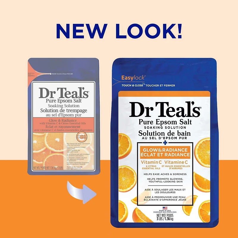 Dr Teal’s Salt Soak with Pure Epsom Salt, Glow & Radiance with Vitamin C & Citrus Essential Oils, 1.36 kg