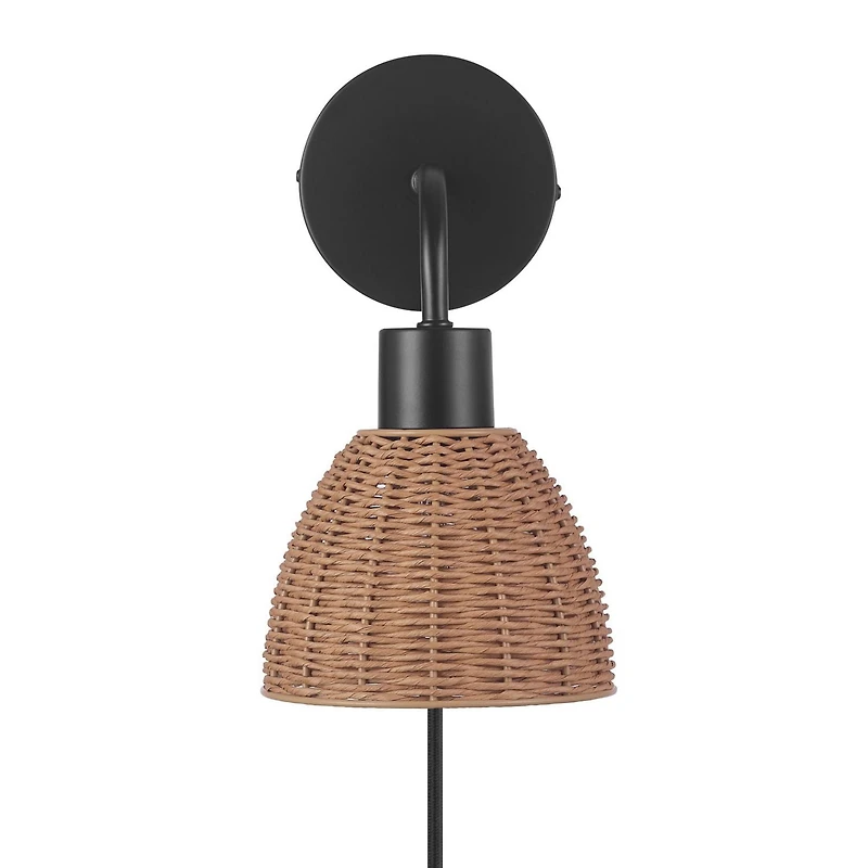 Briar 1-Light Matte Black Plug-In or Hardwire Wall Sconce with Rattan Shade, 91004447