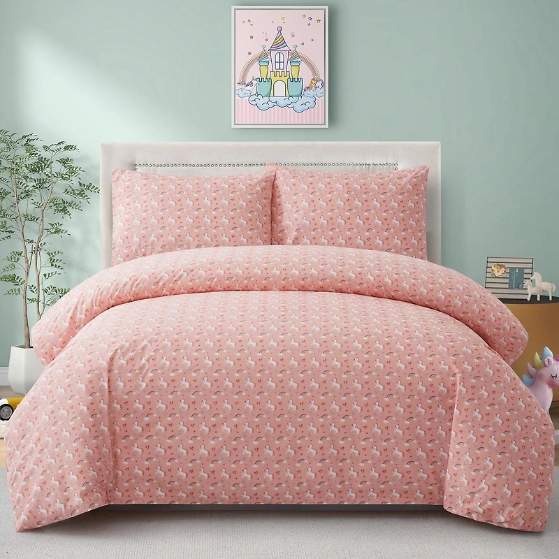 Ensemble de literie Marina Décoration pour enfants et filles, imprimé, en coton doux 600 fils, avec housse de couette et drap-housse, motif licorne rose et arc-en-ciel