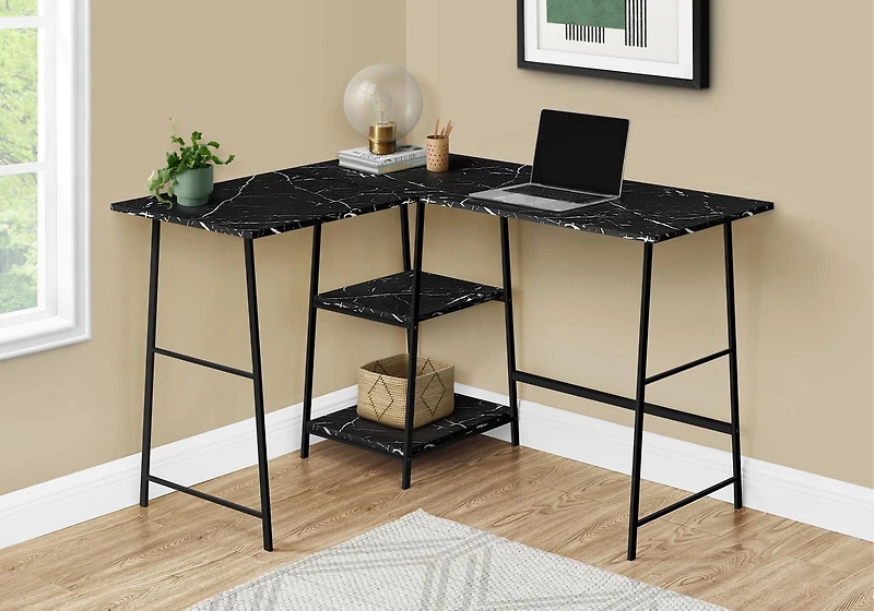 Monarch Specialties Computer Desk, Home Office, Corner, Storage Shelves, 48"l, L Shape, Work, Laptop, Metal, Laminate, Black Marble Look, Contemporary, Modern