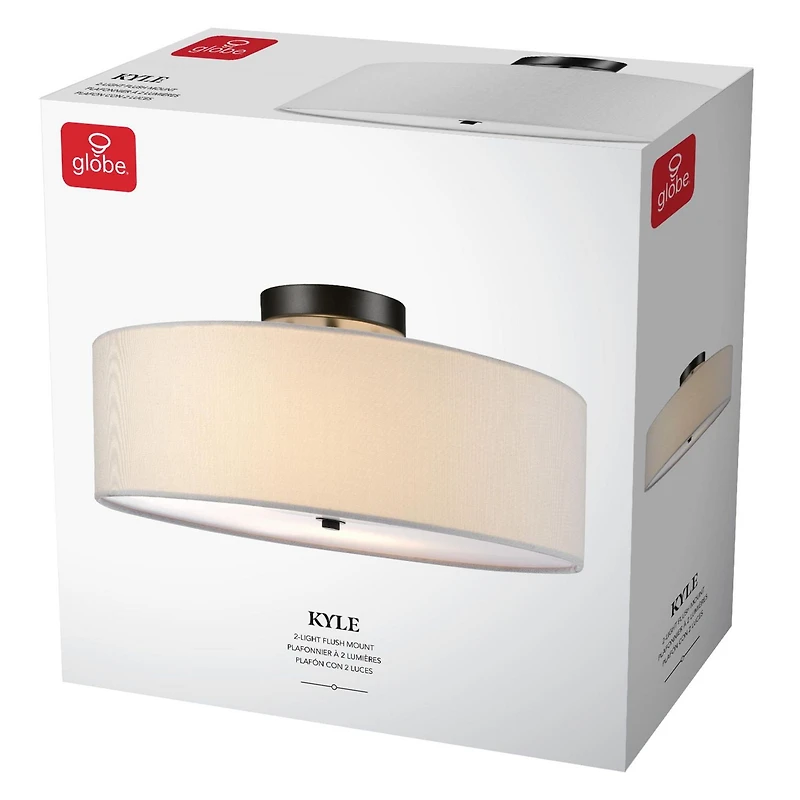 Globe Electric Kyle 2-Light Metal Flush Mount Ceiling Light, Dark Bronze, White Linen Shade, 60315