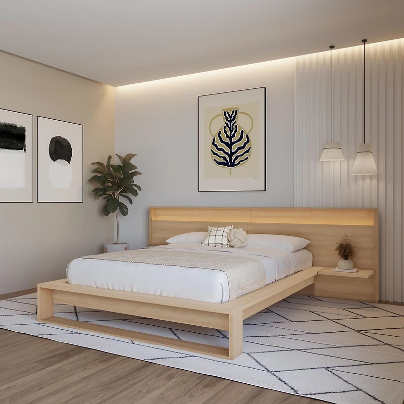 Lido Queen Size Bedroom Set with Slatted Bedframe, Wide Headboard with Lights and Shelves