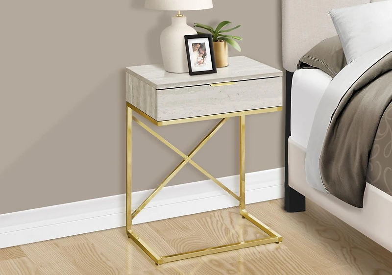 Monarch Specialties Accent Table, Side, End, Nightstand, Lamp, Storage Drawer, Living Room, Bedroom, Beige Marble Look Laminate, Gold Metal, Contemporary, Modern