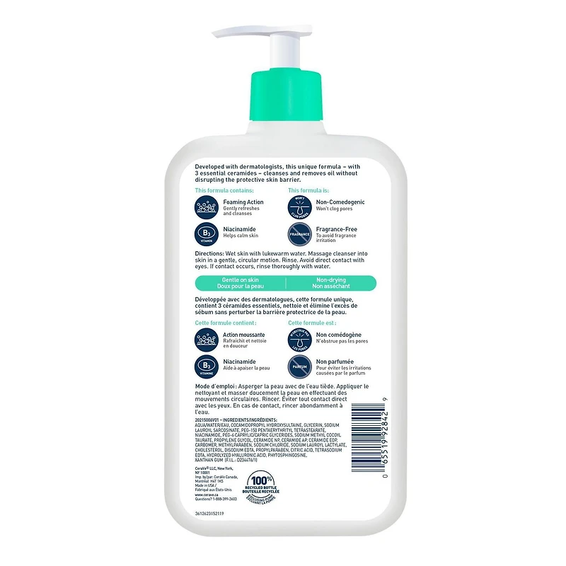 CeraVe Nettoyant Moussant, Gel Nettoyant avec Céramides et Niacinamide pour Peau Normale à Grasse, 562 ml