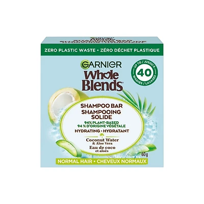 Garnier Whole Blends Coconut & Aloe Vera Hydrating Shampoo Bar for Normal Hair, Zero Plastic Packaging, Silicone Free, Preservative Free, Soap & Dye Free, with Coconut oil and Organic Aloe Vera, 60G