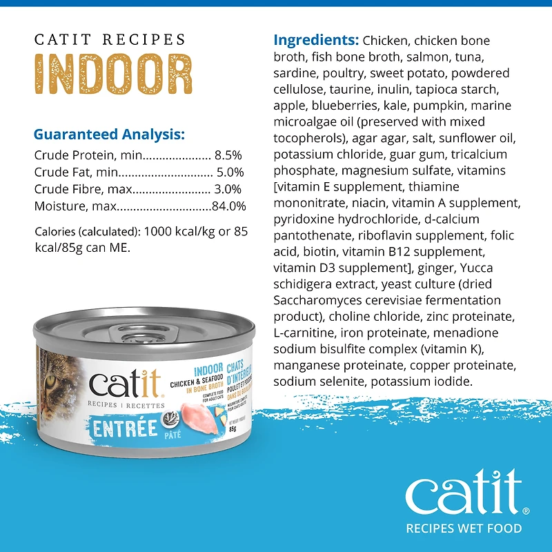 Catit Recettes Entree de poulet et de fruits de mer dans un bouillon d os pour chats d'interieur 85 G