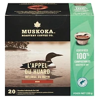 Dosettes de café Mélange Appel du Huard pour le petit-déjeuner de Muskoka Roastery Coffee Co. à torréfaction moyenne en emballage d'une portion