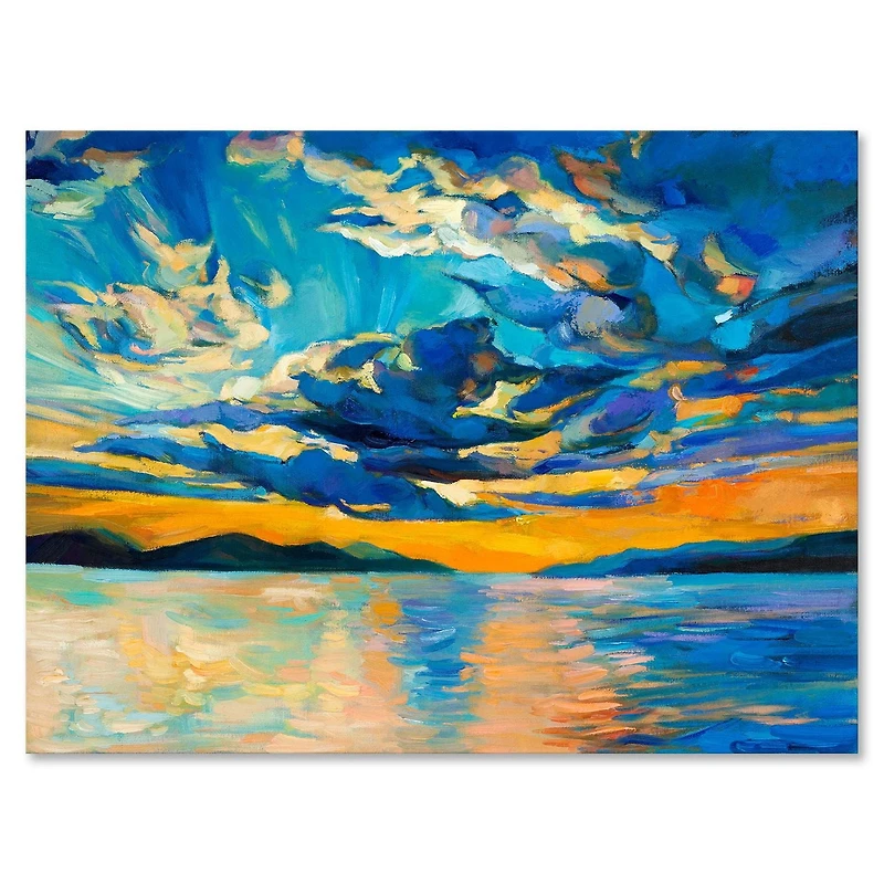 Designart Nuageux grand ouvert coucher de soleil sur l'horizon de l'océan Art mural sur toile
