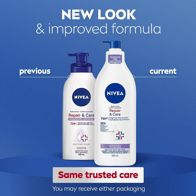 NIVEA Repair & Care Fragrance Free Body Lotion for Very Dry, Itchy Skin, 500 mL, 500ml