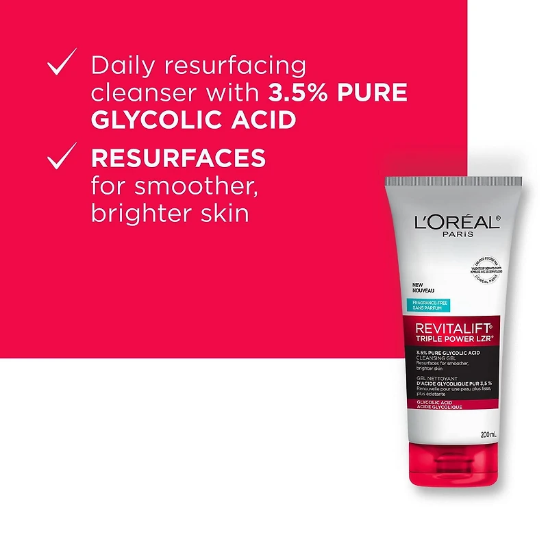L'Oréal Paris Face Wash Cleansing Gel with 3.5% Pure Glycolic Acid | Revitalift Triple Power LZR, 200 ml
